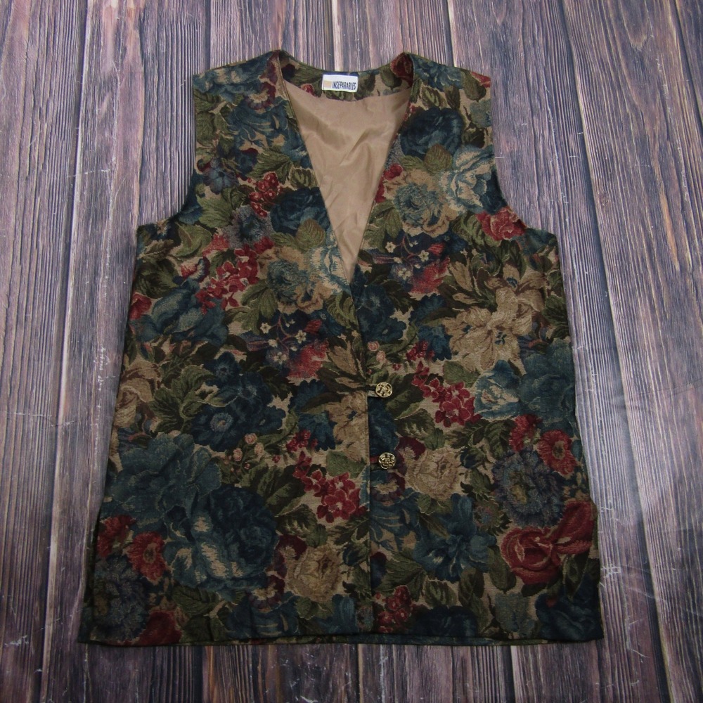 Inseparables Tapestry Vest Women XL Multi Floral Vintage Button Front Woven Boho